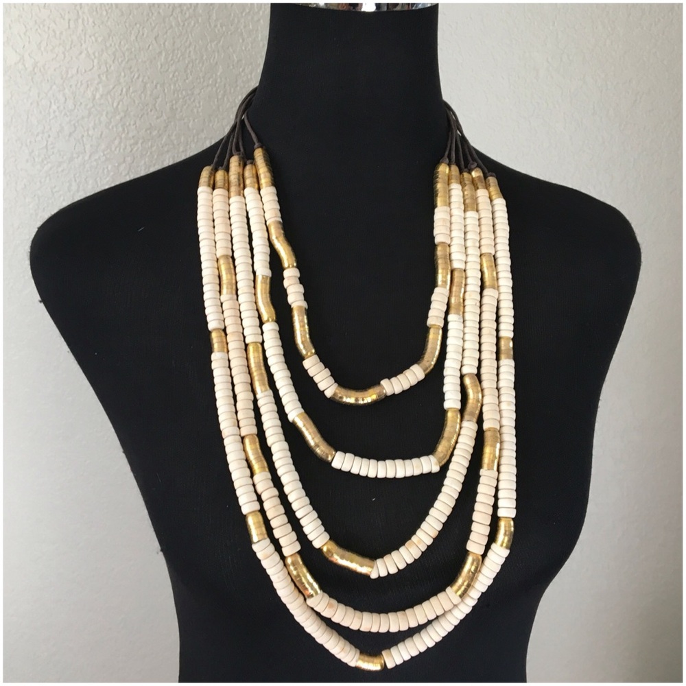 Multi Strand Mixed Material Wood & Metal Necklace
